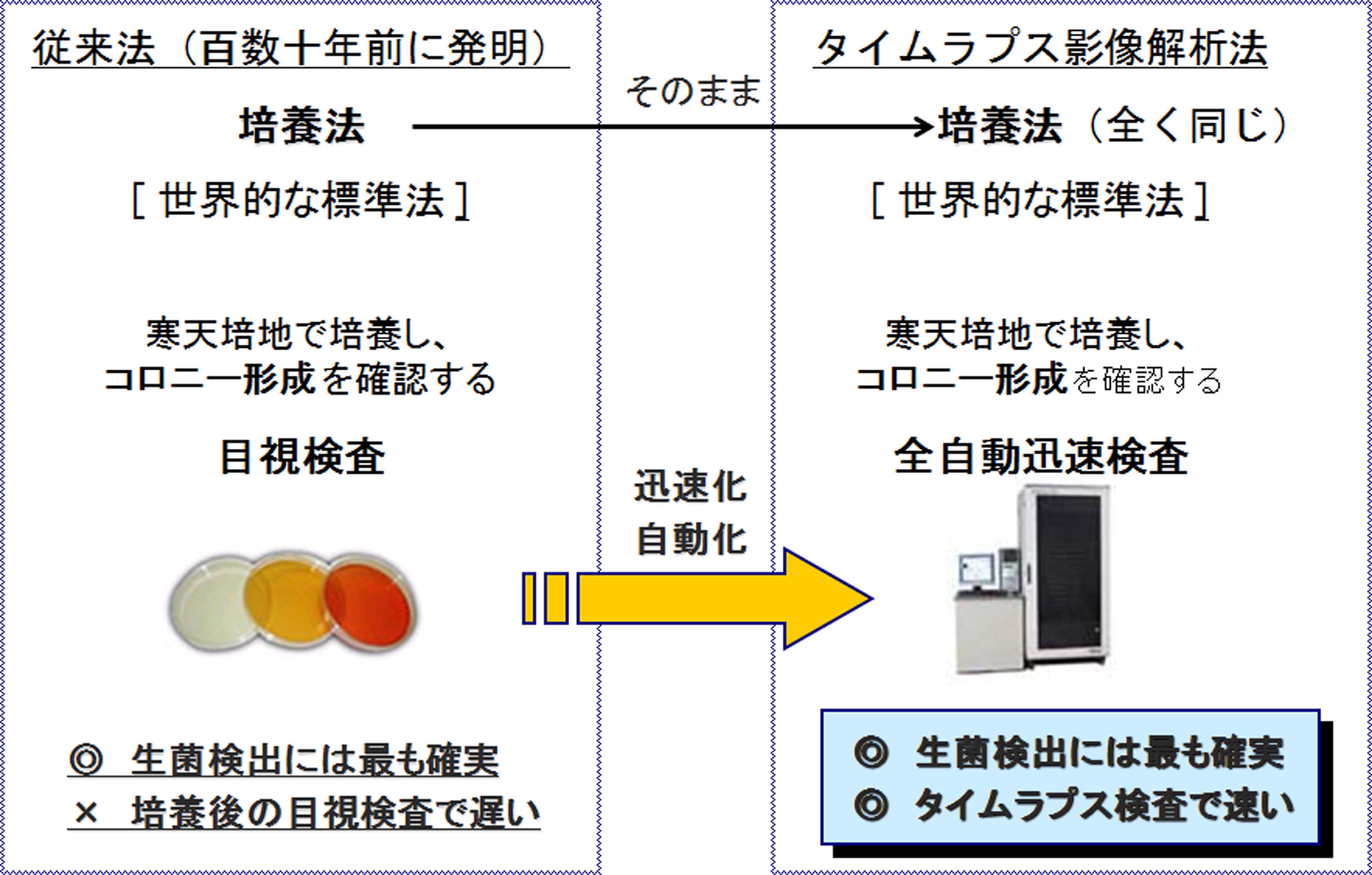 図１　目視検査から全自動迅速微生物検出装置へ