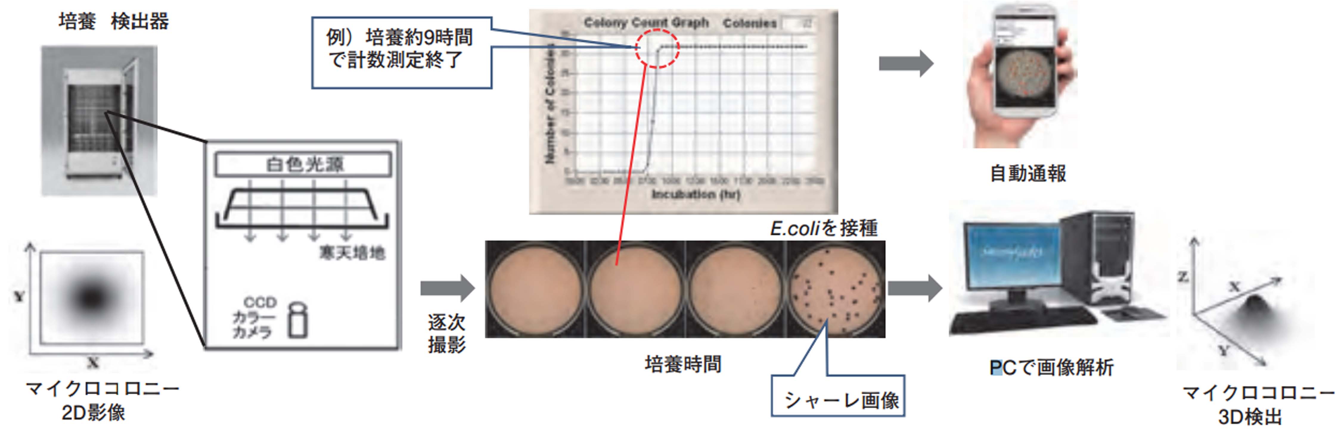 図２_タイムラプス影像解析法に基づく全自動迅速微生物検出装置MicroBio_μ3D概念